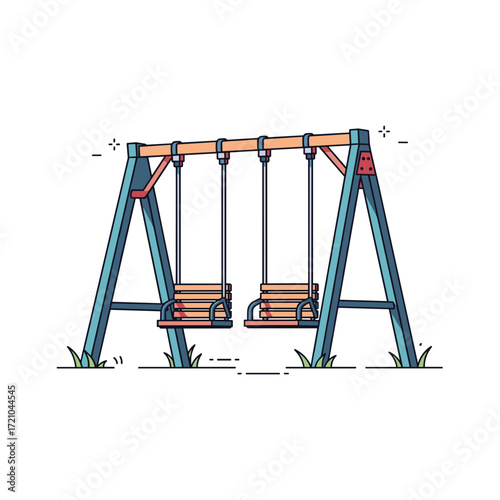 Flat design playground swing set illustration with two empty wooden seats and bluegreen frame.