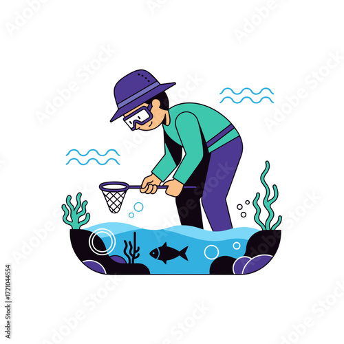 A man in a purple hat and goggles bends over to catch a fish with a hand net in a stylized illustration.
