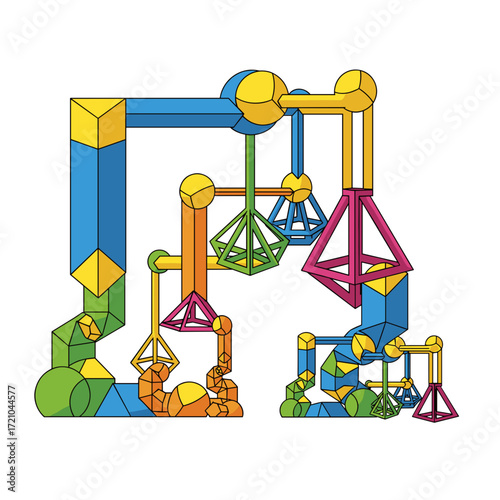 Abstract Colorful Geometric Structure with Spheres Cubes Pyramids and Cylinders.