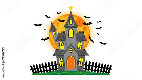 Spooky Haunted House Under Full Moon: Spooky scene of haunted house under a full moon. The image creates a atmosphere of both mystery and spookiness, filled with bats circling the castle.