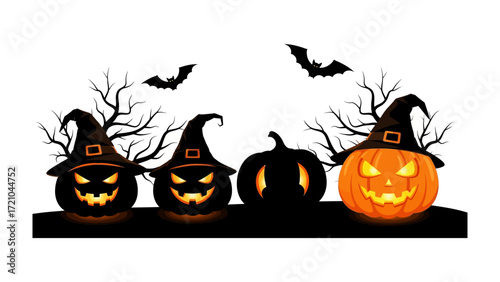 Spooky Pumpkin Parade: A trio of illuminated jack-o'-lanterns wearing witch hats, set against a backdrop of bare branches and silhouettes of bats, evoke a sense of festive thrill. 