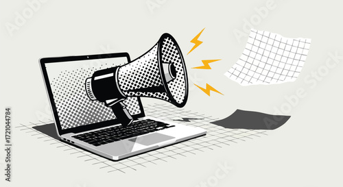 A megaphone emerges from a laptop screen, broadcasting a message or announcement in a graphic illustration style.