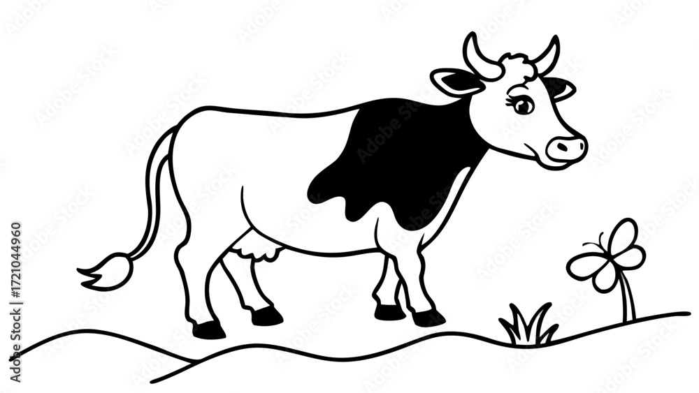 Fototapeta premium Cute Cartoon Cow in a Field Coloring Page