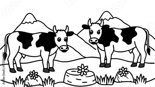 Two Cartoon Cows in a Mountain Pasture