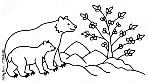 Mother Bear and Cub in Mountain Landscape Line Art