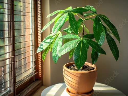 Potted plant with palmate leaves beside window with blinds in warm light