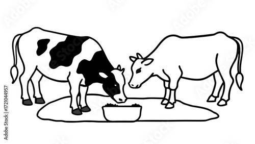 Two Cows Eating from a Bowl Simple Line Art