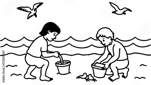 Two Children Playing on the Beach with Buckets