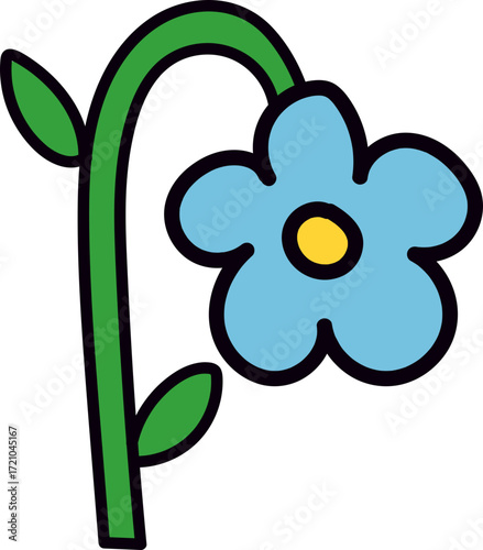Cute Cartoon ForgetMeNot Flower with Stem and Leaves.