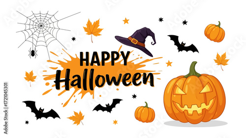 Spooktacular Halloween Montage: A vibrant montage of classic Halloween elements, including a grinning jack-o'-lantern, spooky bats, spiderweb, witch's hat, and falling leaves.