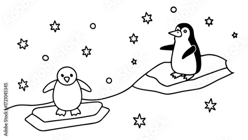 Two Adorable Penguins on Ice Floes in Snowy Scene
