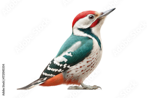 Colorful great spotted woodpecker on black background, cut out