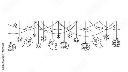 Spooky Halloween Garland: A whimsical illustration of a festive Halloween garland, complete with smiling pumpkins, ghostly apparitions, and fluttering bats, creating a fun and spooky atmosphere.