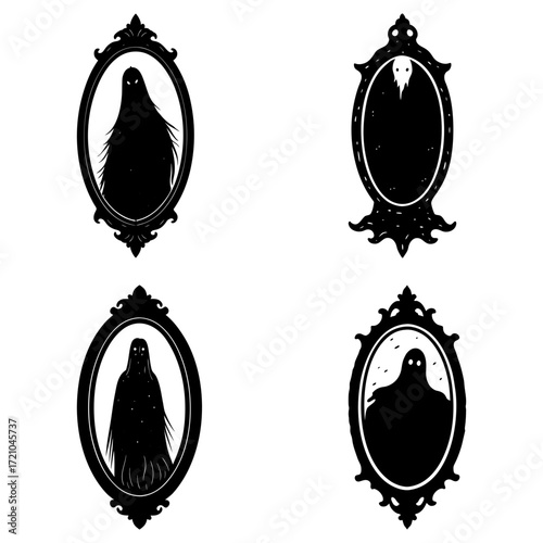 Four ornate mirrors each reflecting a different ghostly apparition in black and white art style