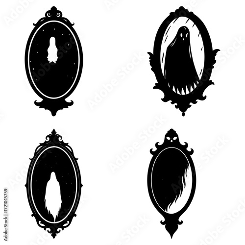 Silhouette images of ghosts in ornate oval mirrors with different styles and spooky reflections shown inside