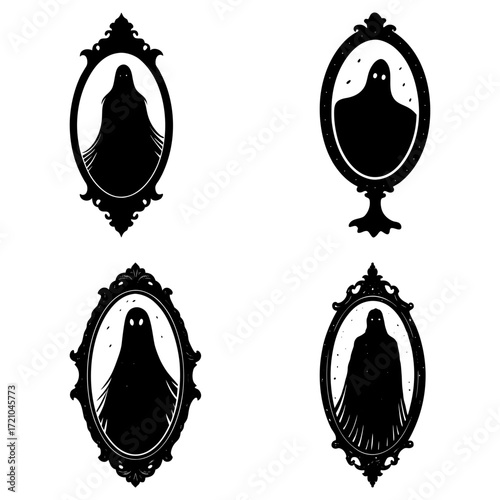 Four decorative ornate frames each containing a ghostly silhouette on a white background art design