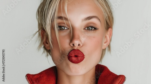 Playful young woman with short blonde hair and bold red lipstick blowing kiss