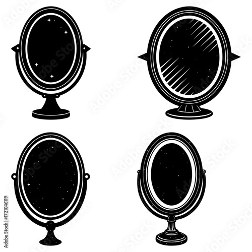 Illustration showing four vintage oval mirrors with stands in black and white drawing style design art