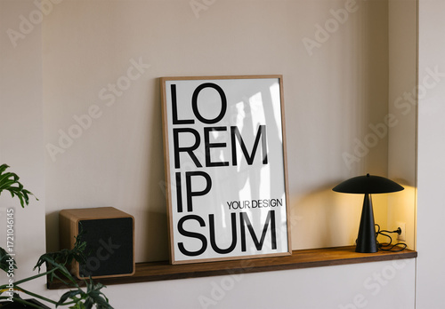 Mockup Of Vertical Customized Framed Poster On Shelf