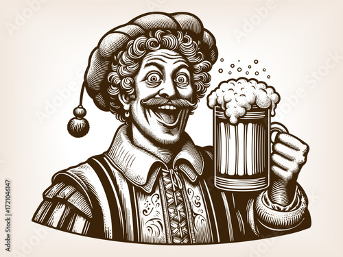cheerful medieval man, smiling while holding a frothy beer mug in celebration sketch engraving generative ai fictional character vector illustration. Scratch board imitation. Black and white image.
