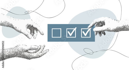 Two pairs of hands interact with a checklist, symbolizing decision-making and task completion.