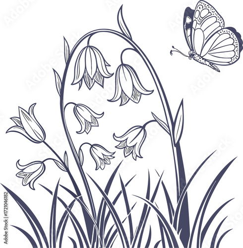 Elegant bluebell flowers with a delicate butterfly in flight line art