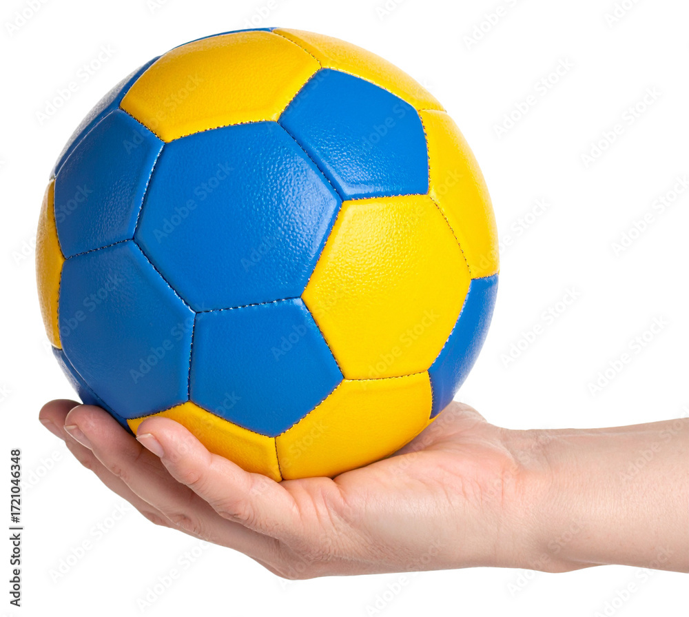 Fototapeta premium hand holding a handball in blue yellow color isolated on white background