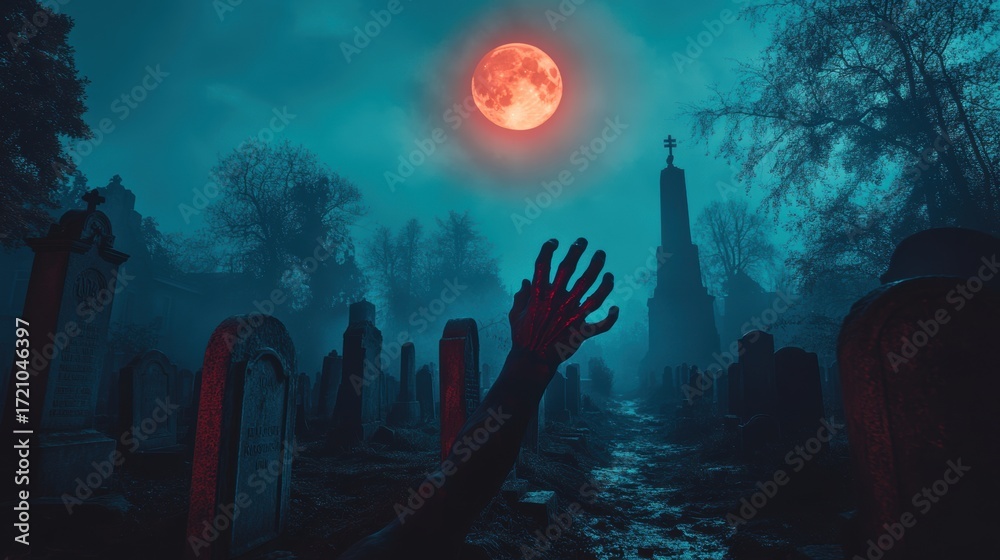 Obraz premium Bony pale hands of sexy woman vampire with sharp bloody red nails rising out from the ground,Halloween grave crosses,zombies at night,creepy hand coming out of the ground,halloween concept.