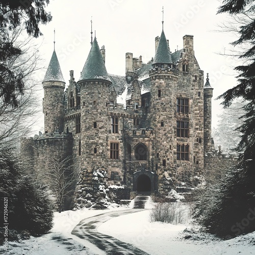 Majestic winter castle overlooking snowy landscape historical architecture enchanted environment captivating view