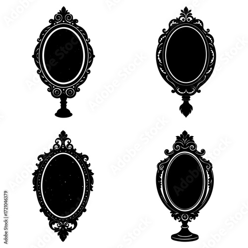 Four ornate oval mirrors with decorative frames and stands in a black and white vector illustration