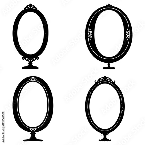 Collection of four ornate oval mirrors with decorative stands in black and white illustration style