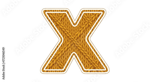 A stylish uppercase letter X featuring a textured golden-brown knit or woven pattern, bordered by a crisp white outline. Ideal for unique typography, monograms, or educational content