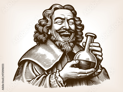cheerful alchemist in historical clothing, laughing while holding a potion flask with exaggerated joy sketch engraving generative ai vector illustration. Scratch board. Black and white image.