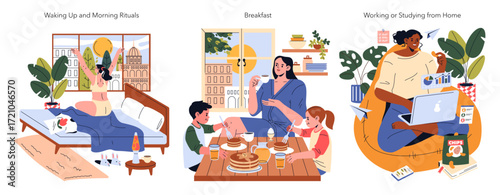 Morning Routine and Family Breakfast Vector Illustration