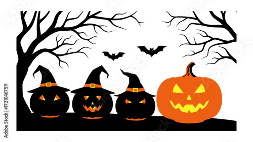 Spooky Halloween Silhouette: A captivating display of Halloween decorations featuring carved pumpkins and bats silhouettes against a backdrop of eerie trees.