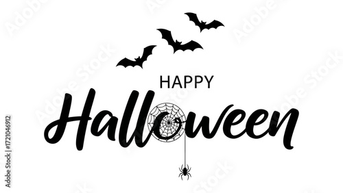 Halloween Greetings: Spooky silhouette of bats and spiderweb hang as the core design elements in the seasonal greeting, Happy Halloween. An invitation to spooky adventures