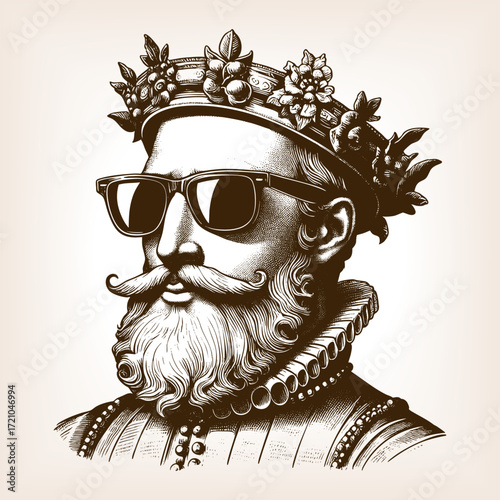 cheerful bearded king in ornate crown and ruff collar, humorously wearing modern sunglasses sketch engraving generative ai fictional character vector illustration. Scratch board. Black and white image