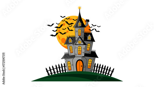 Spooky Halloween Haunted House: A whimsical illustration of a haunted house. Bats circle the full moon creating a spooky atmosphere perfect for the season.