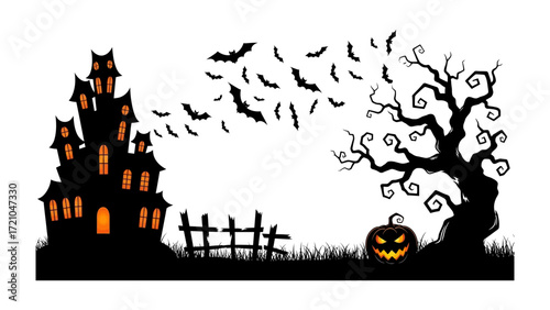 Spooky Halloween Silhouette: A spine-chilling illustration capturing the essence of Halloween with a haunted house, bats, jack-o'-lantern, and gnarled tree under a dark night sky.