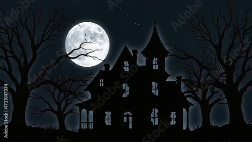 Spooky silhouette of a haunted mansion under a large full moon on a dark night.