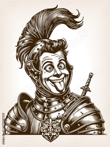 medieval soldier in armor and helmet, making a silly face with tongue out in a comic style sketch engraving generative ai fictional character vector illustration. Scratch board. Black and white image.