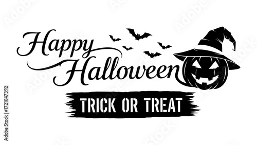 Spooky Season's Greeting: The spooky logo spells Happy Halloween, complete with a carved pumpkin in a witch hat and a cluster of bats. Embrace the thrill. 