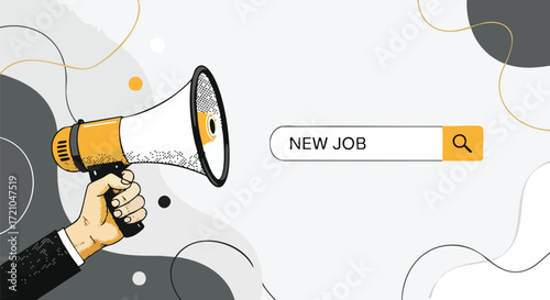 Announcing exciting career opportunities with a megaphone and search bar, signaling a dynamic job search and recruitment campaign.