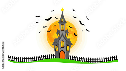 Haunted Mansion Under the Moon: A spooky haunted mansion, illuminated against a full moon and adorned with bats flying around, evokes the thrill of the season and the essence of mysterious adventures.