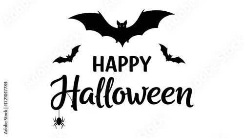 Happy Halloween: A festive Halloween greeting design featuring playful bats and a cheerful spider, embodies the spirit of All Hallows' Eve, radiating joy and spooky charm.