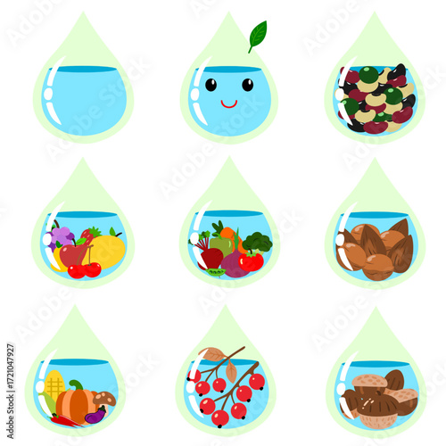 A creative flat vegan day illustration featuring nine unique icons floating inside refreshing water with colorful fruits vegetables nuts and seeds, symbolizing plant based health eco freshness and vit