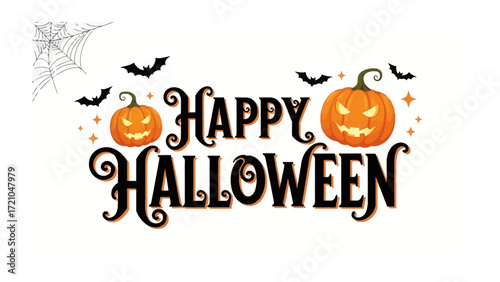 Spooky Halloween Graphics: A whimsical illustration embodies the essence of Halloween with a stylized “Happy Halloween” message, complemented by grinning jack-o'-lanterns, bats, and cobweb elements.