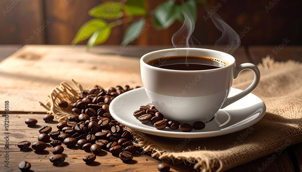 Fototapeta premium A steaming cup of coffee on a rustic wooden table
