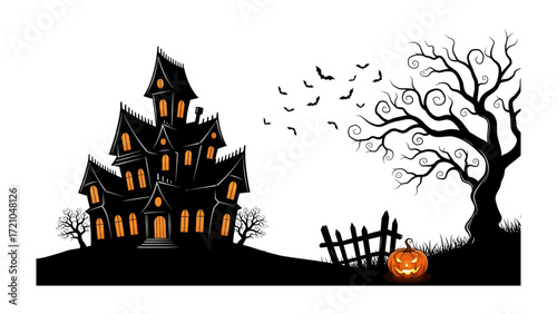 Spooky Halloween Scene: A chilling haunted house silhouette dominates a darkened hill, while bats swarm the gnarled branches of a lone tree.