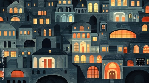 Intricately illustrated cross-section of historic architecture in a nighttime urban landscape